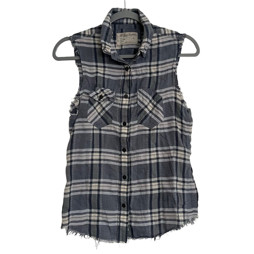 AllSaints Spitalfields Sleeveless Top Women 6 Blue Plaid Raw Hem Distressed